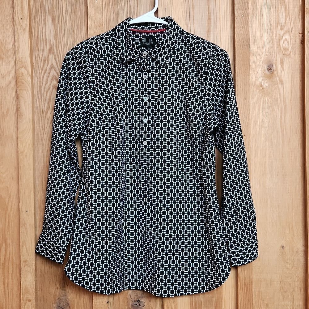 Talbots Long Sleeve Non-Iron Tunic Collared Shirt, 2 Petite Black & White Floral